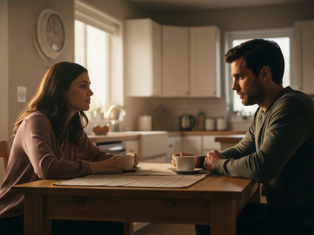 🖼️ In-Article Image Prompt 3: Cinematic medium shot of a woman across from her partner at a kitchen table — she has just said something real and vulnerable, and his response is to look down at his coffee cup, expression slightly retreating. Not cruel — just absent at the exact moment presence was needed. Warm interior morning light, shallow depth of field. Concept: the specific withdrawal that follows vulnerability — the moment when the wall becomes most visible, precisely when it costs the most.