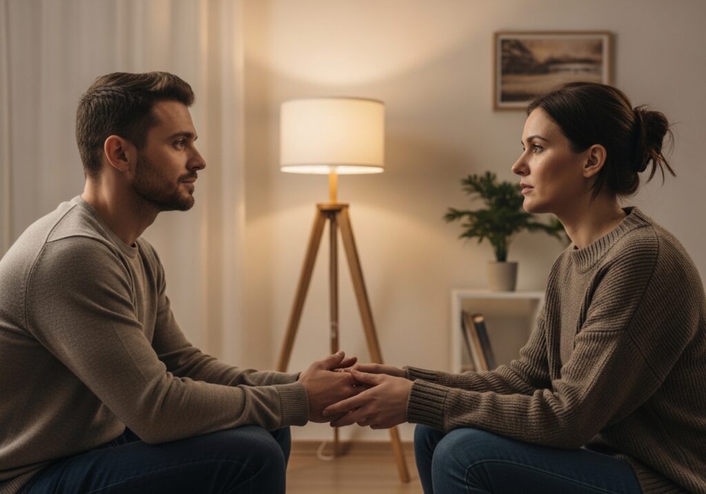 🖼️ In-Article Image Prompt 3: Cinematic medium shot of a woman across from her partner at a kitchen table — she has just said something real and vulnerable, and his response is to look down at his coffee cup, expression slightly retreating. Not cruel — just absent at the exact moment presence was needed. Warm interior morning light, shallow depth of field. Concept: the specific withdrawal that follows vulnerability — the moment when the wall becomes most visible, precisely when it costs the most.